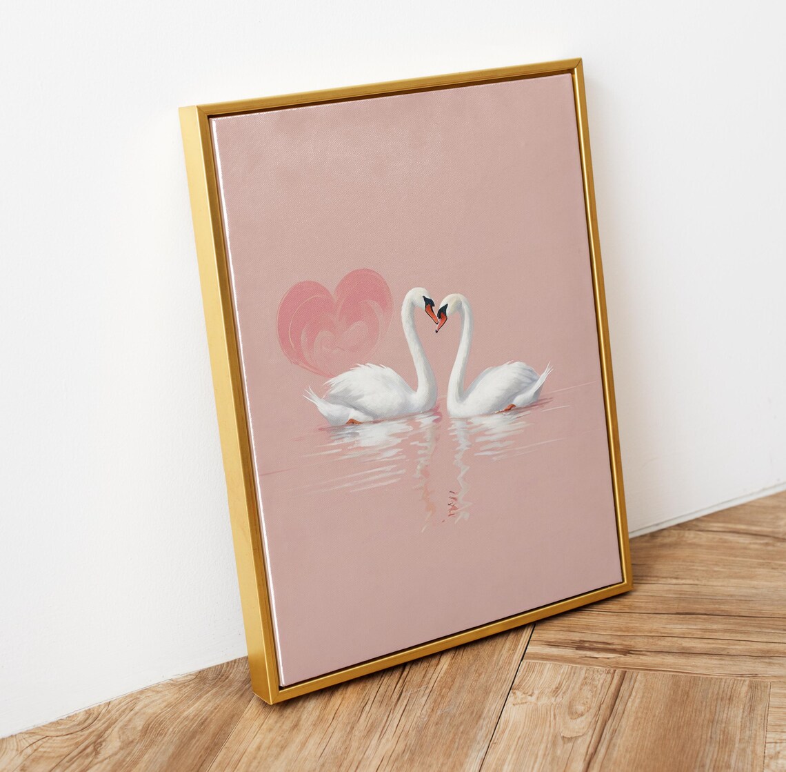 Swan Couple Heart Necks Pink Water Romantic Love Illustration Poster - Image 5
