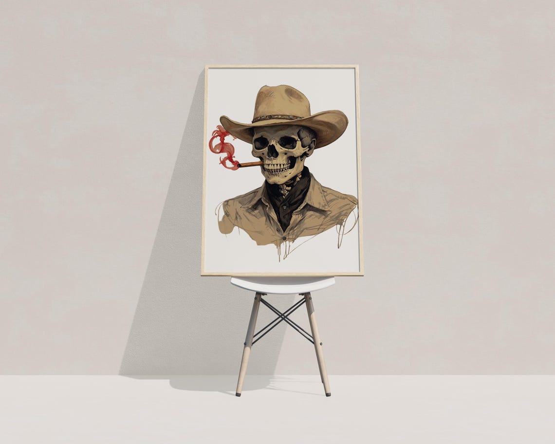 Skeleton Cowboy with Hat Smoking Cigar Western Eclectic Wall Art Print - Image 3