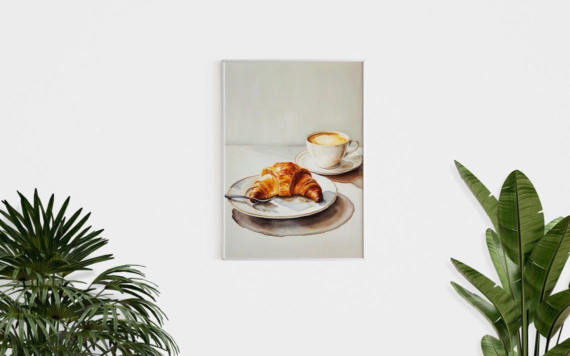 Croissant And Latte Coffee Cup Watercolor Kitchen Breakfast Print - Image 3