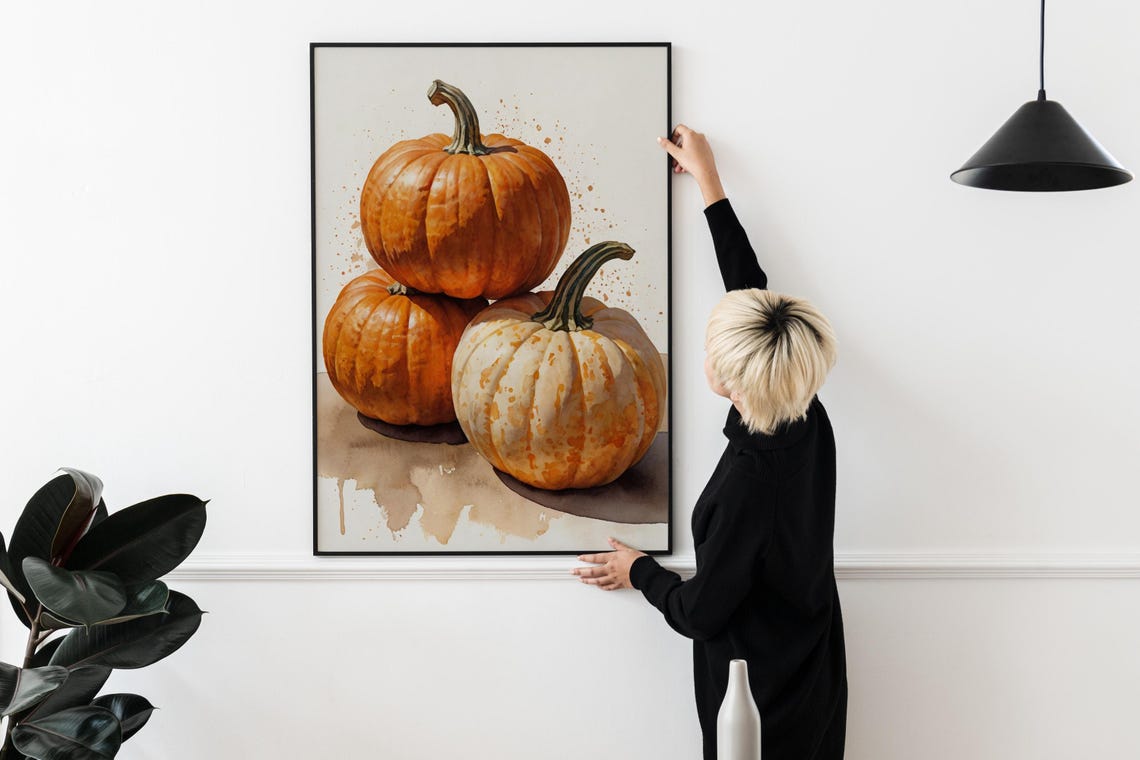 Three Pumpkins Watercolor Still Life Fall Autumn Harvest Wall Art - Image 2