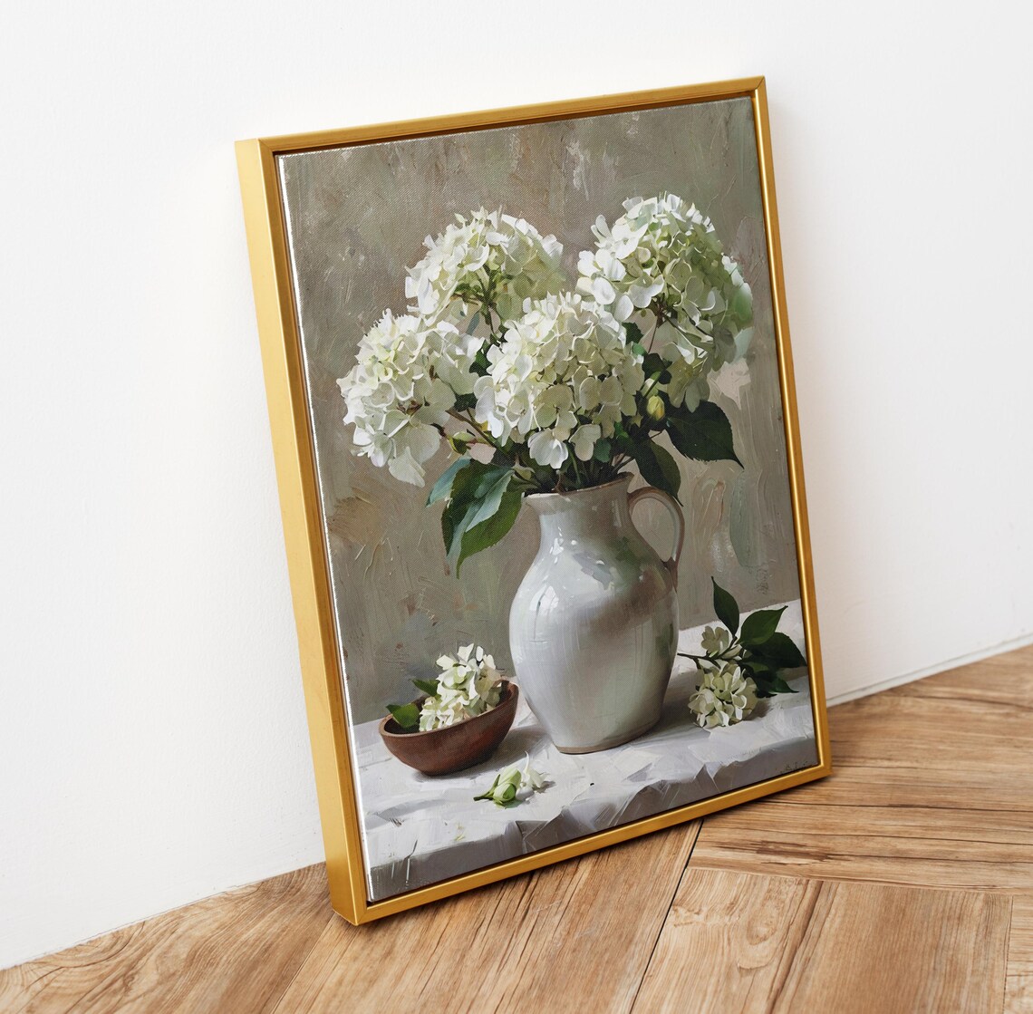 White Hydrangea Bouquet Ceramic Pitcher Oil Painting Floral Poster - Image 5