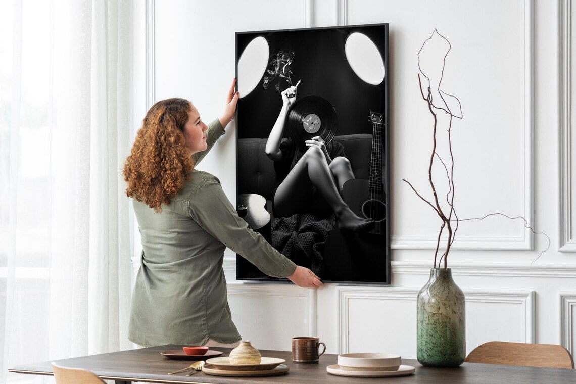 Black White Woman Vinyl Record Guitar Smoking Cigarette Photo Poster - Image 5