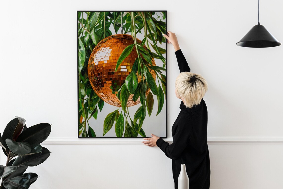 Orange Disco Ball Mirror Ball Green Leaves Retro Party Wall Art - Image 2