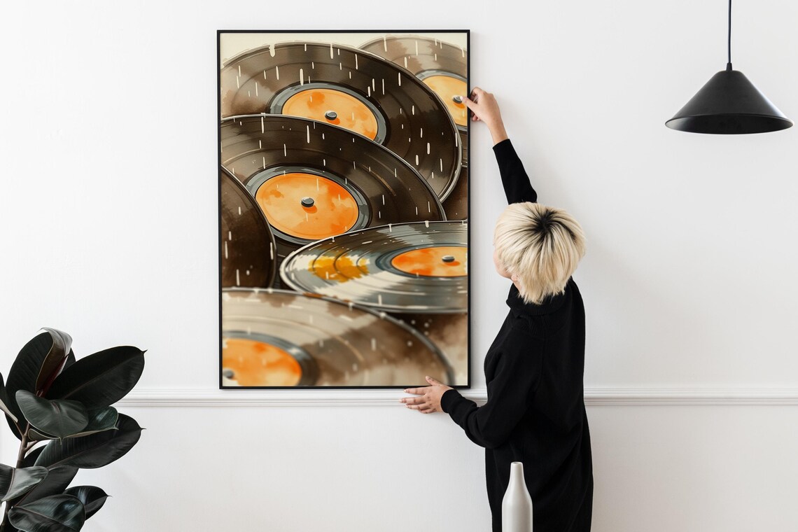 Stacked Vinyl Records Orange Labels Rainy Day Watercolor Music Poster - Image 2