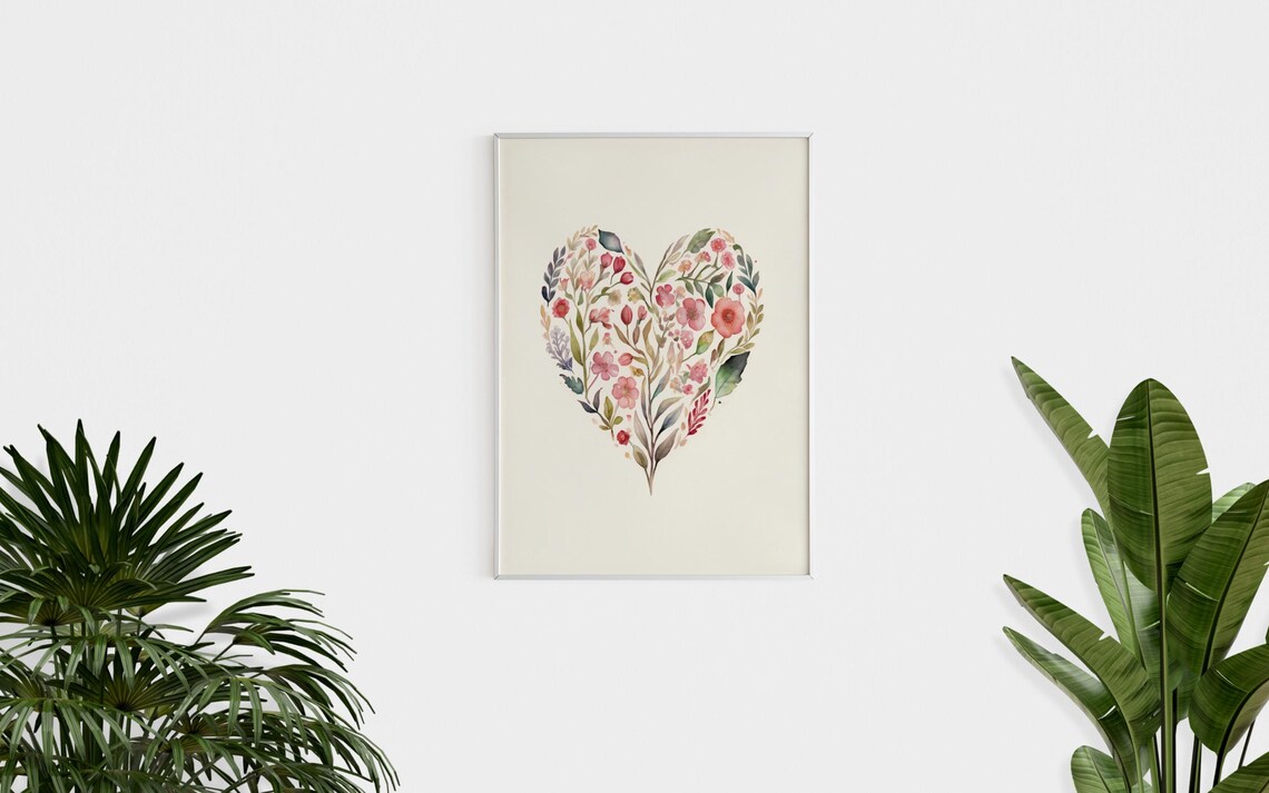 Wildflower Heart Shape Pink Blooms Watercolor Valentine Floral Poster - Image 2