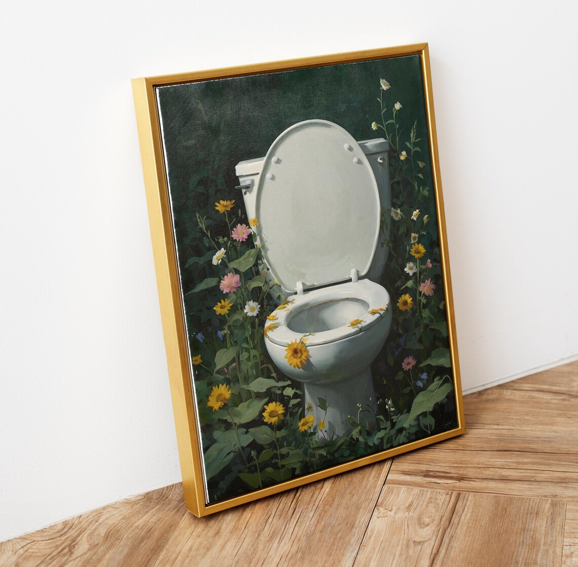 Toilet In Blooming Wildflowers Dark Green Moody Funny Bathroom Poster - Image 5