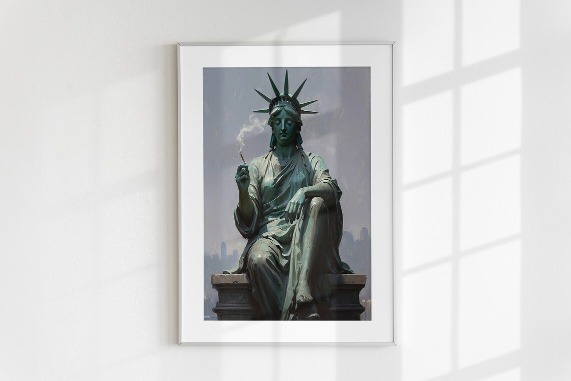 Statue of Liberty Smoking Cigarette Funny NYC Parody Painting Wall Art - Image 4