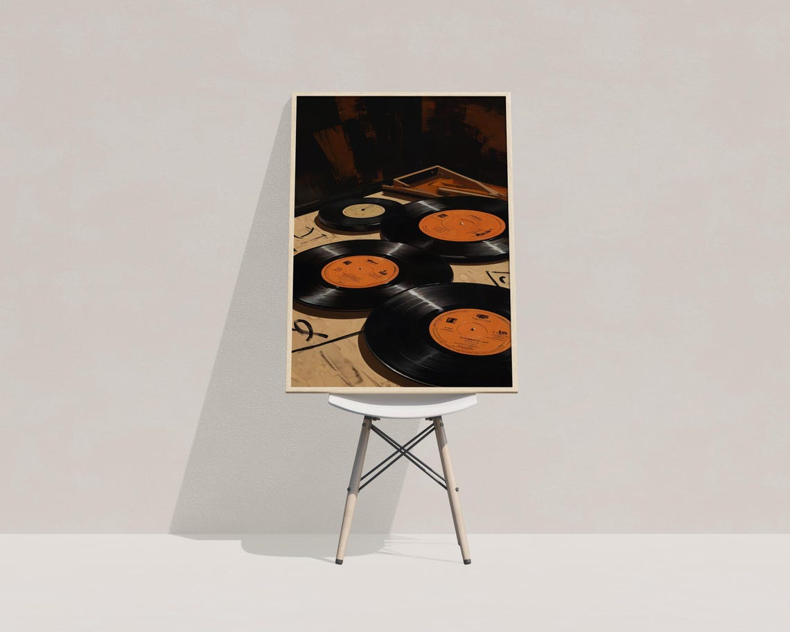 Scattered Vinyl Records with Orange Labels Retro Music Wall Art Print - Image 3