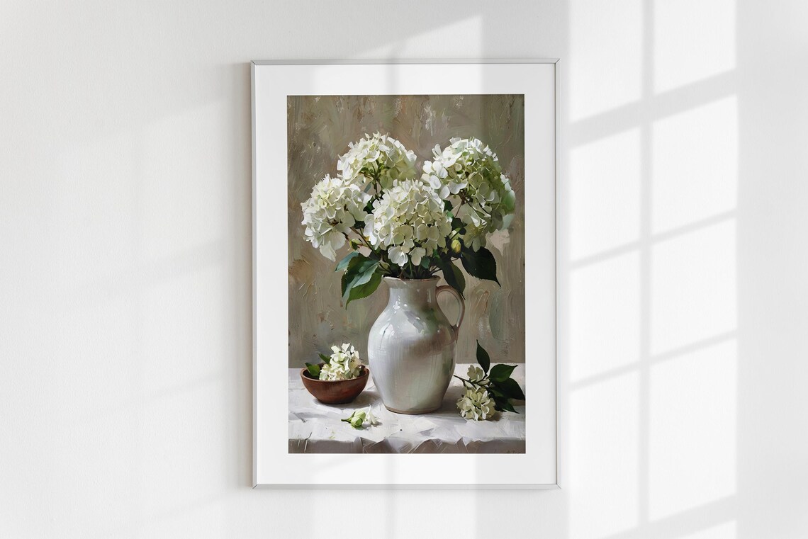 White Hydrangea Bouquet Ceramic Pitcher Oil Painting Floral Poster - Image 6