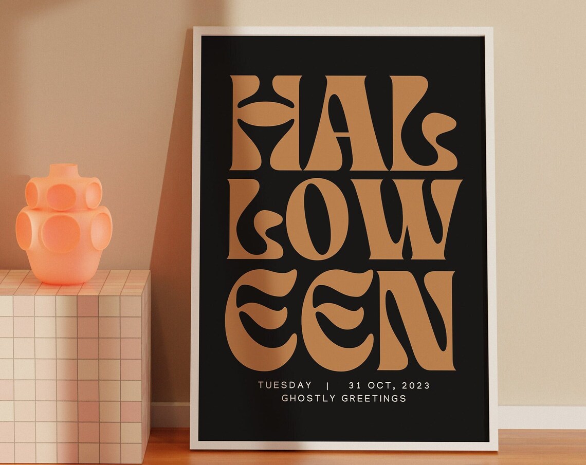 Retro Gold Halloween Typography Ghostly Greetings Vintage Poster