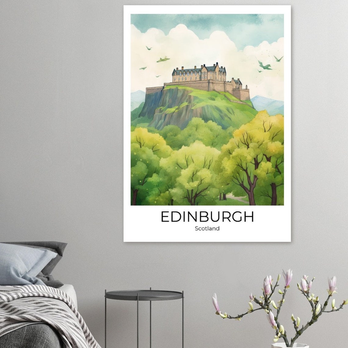 Edinburgh Castle Scotland Watercolor Rock Spring Trees Travel Poster - Image 3
