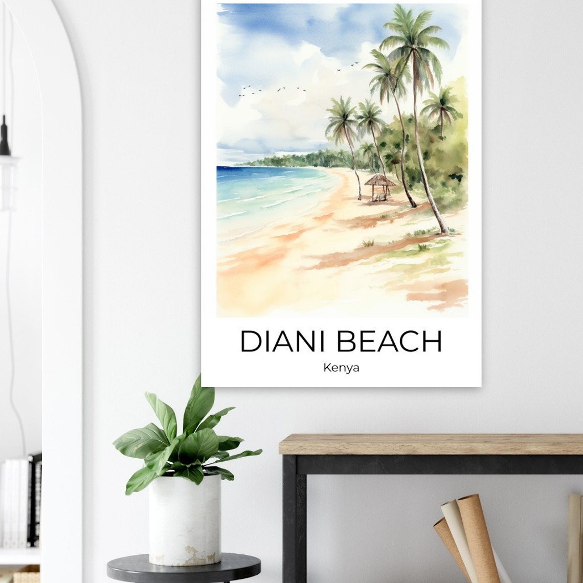 Diani Beach Kenya Watercolor Palm Trees and Thatched Hut Shore Poster - Image 2