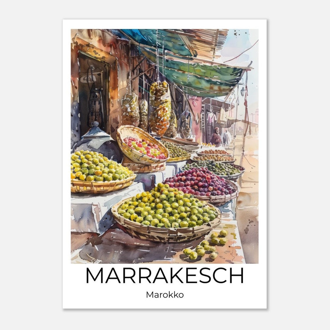 Marrakech Souk Market Travel Poster Morocco Fruit Stalls Watercolor - Image 3