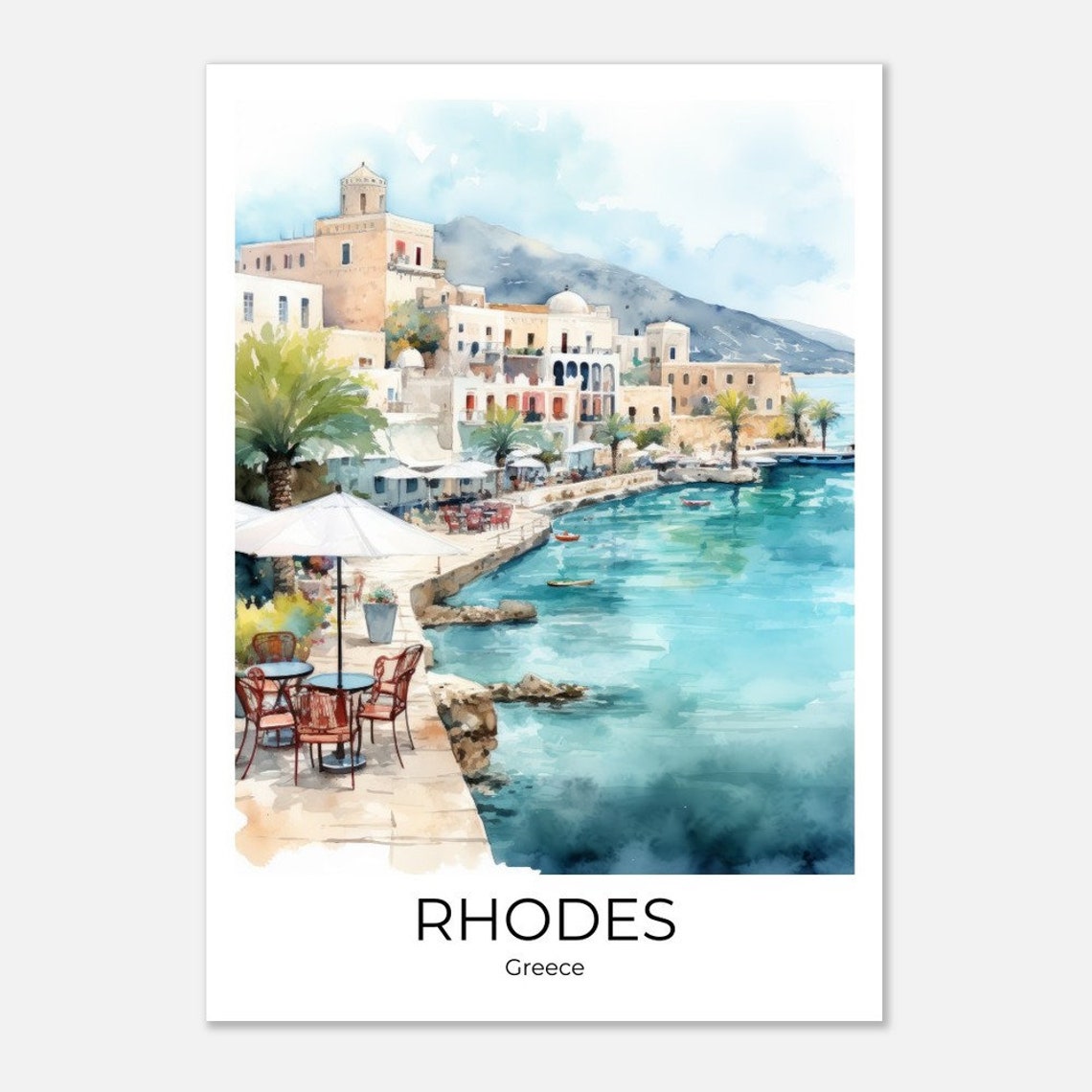 Rhodes Greece Harbor Town Waterfront Cafe Umbrella Travel Poster - Image 4
