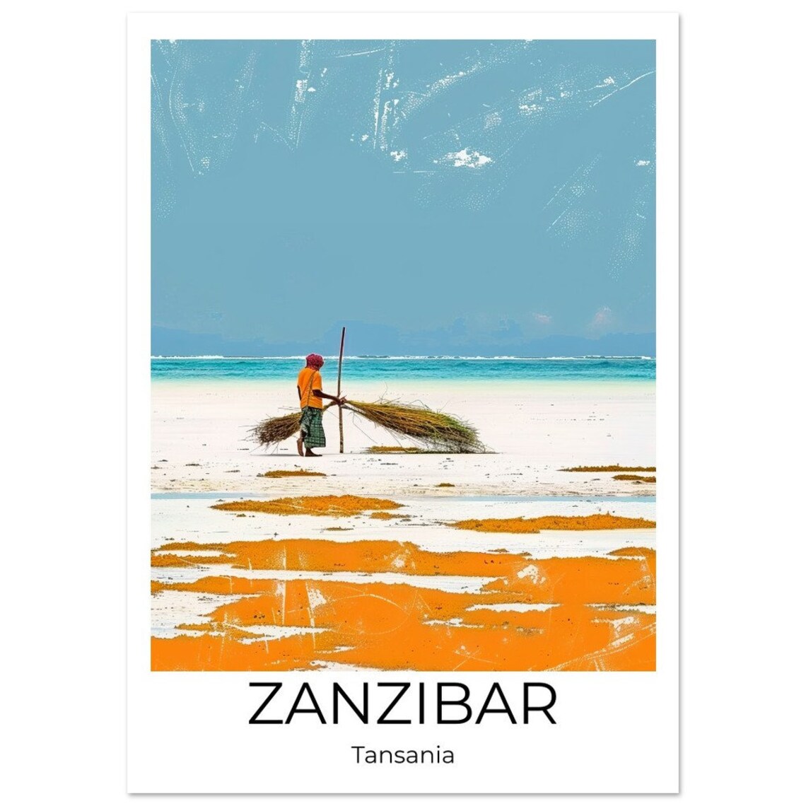Zanzibar Tanzania White Sand Beach Fisherman Seaweed Travel Poster - Image 2