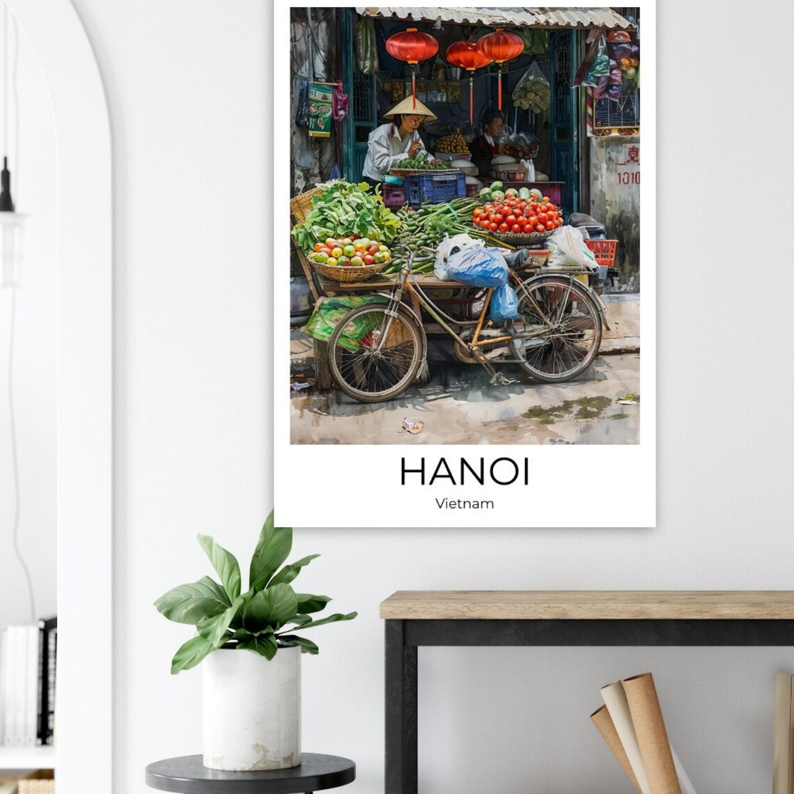 Hanoi Vietnam Watercolor Vendor Cart Lanterns Old Town Travel Poster - Image 3