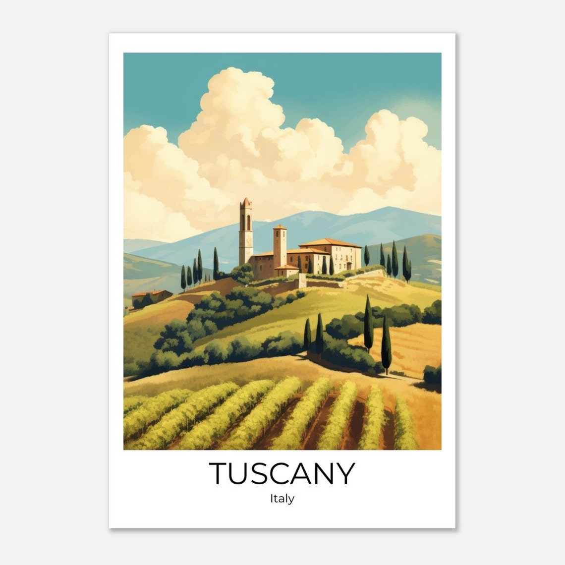 Tuscany Vineyard Villa Cypress Trees Golden Hills Illustration Poster - Image 2