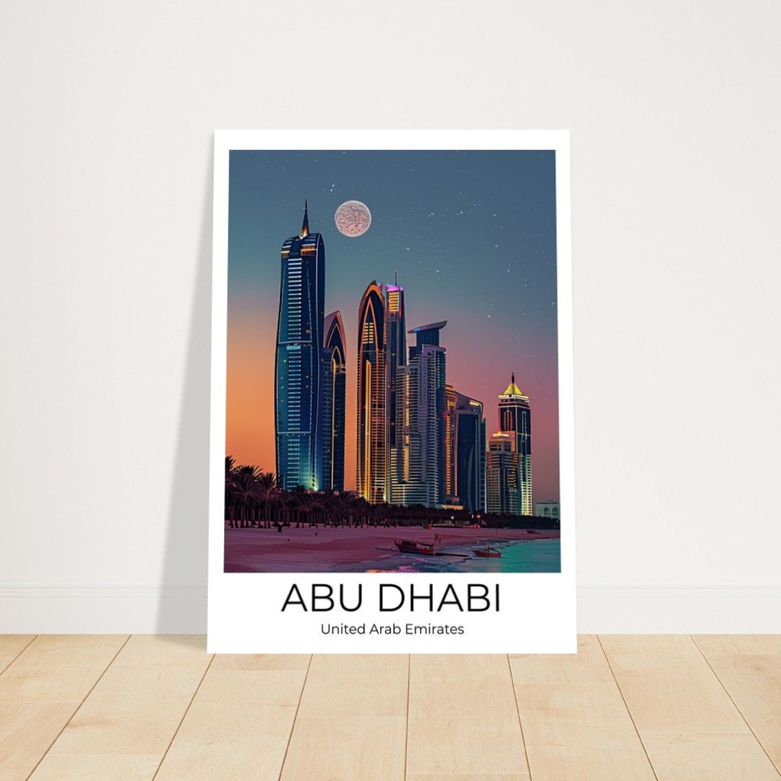Abu Dhabi Skyline at Moonrise Over the Sandy Beach Travel Poster - Image 2