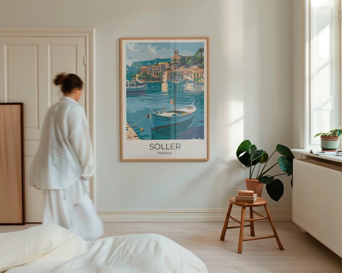 Soller Mallorca Harbor White Fishing Boat Church Hill Travel Poster - Image 4