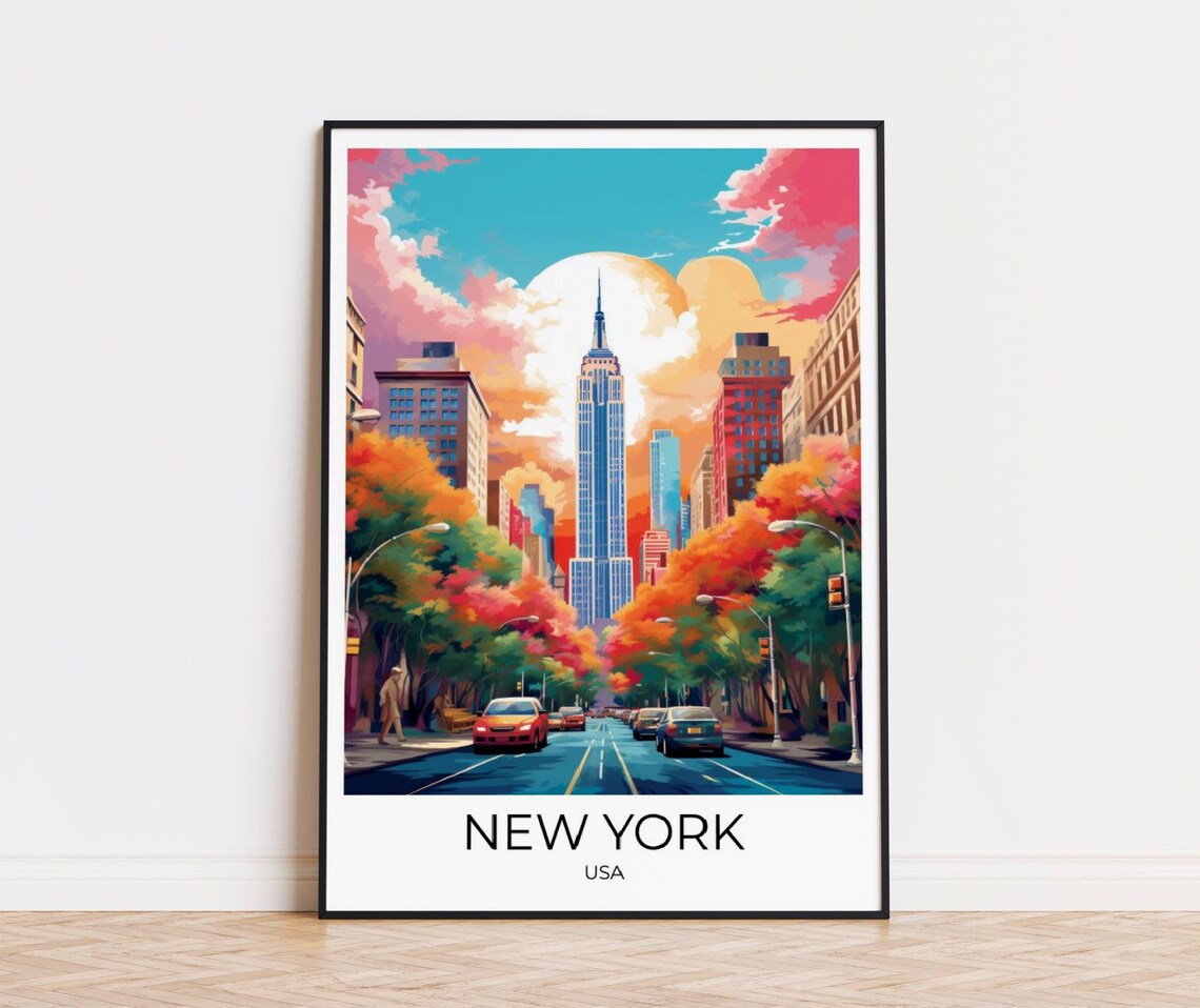 New York Empire State Building Street Sunset USA Travel Poster