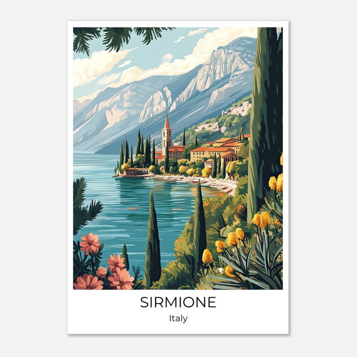 Sirmione Italy Lakeside Town Cypress Mountains Flowers Travel Poster - Image 3