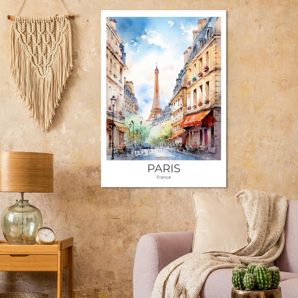 Paris Eiffel Tower Street Travel Poster France Watercolor Cafe Scene - Image 2