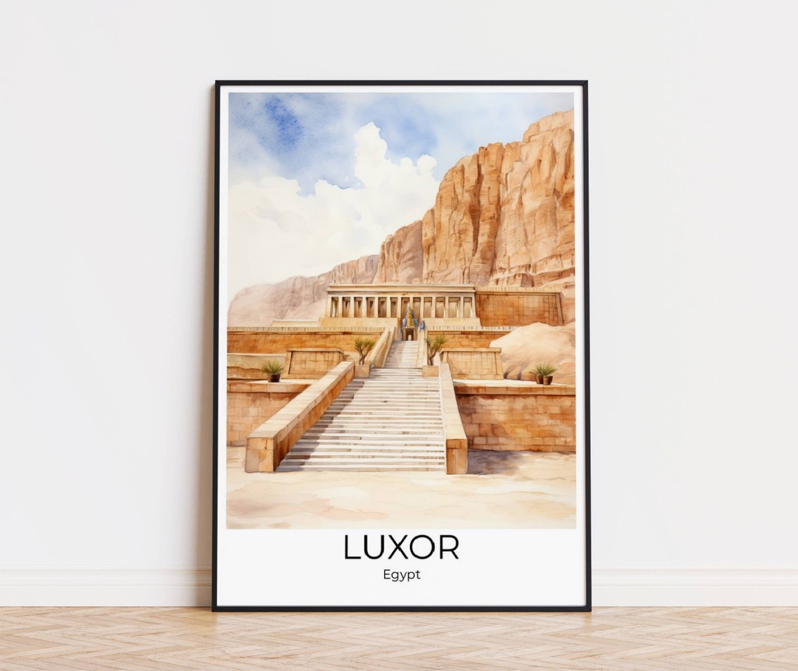 Luxor Egypt Hatshepsut Temple Desert Cliffs Watercolor Travel Poster