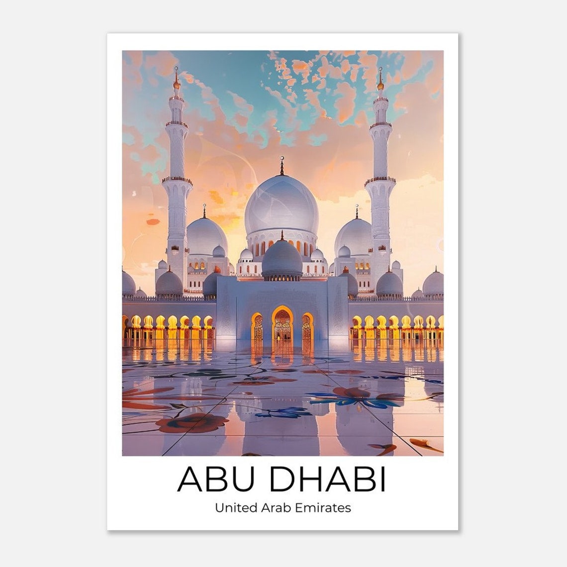 Abu Dhabi Sheikh Zayed Grand Mosque Sunset Illustration Poster