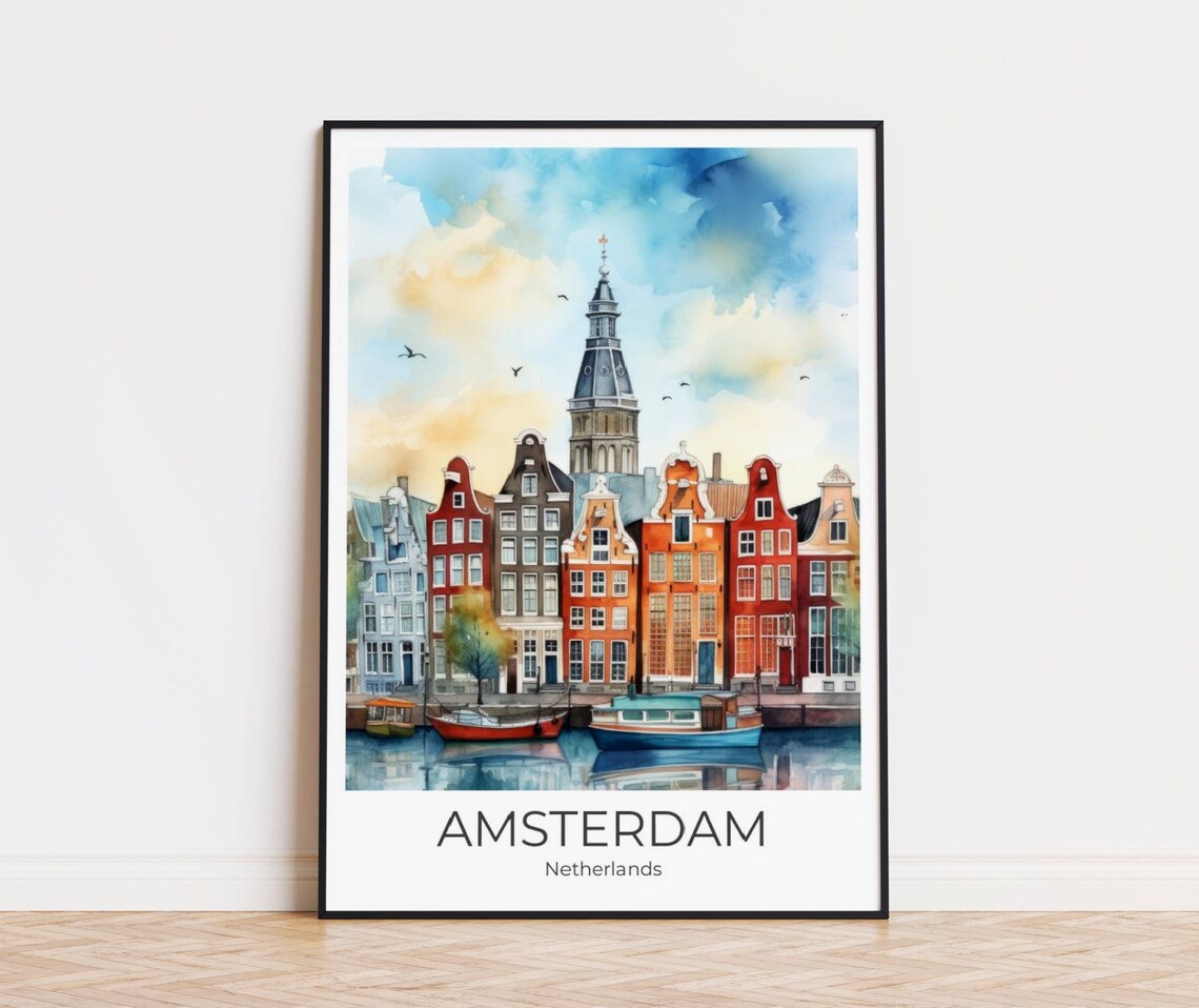 Amsterdam Netherlands Historic Canal Houses Watercolor Poster