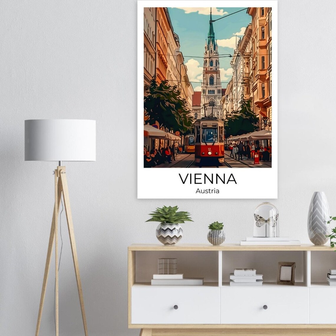 Vienna Austria Vintage Tram Street Church Spire Illustration Poster - Image 2