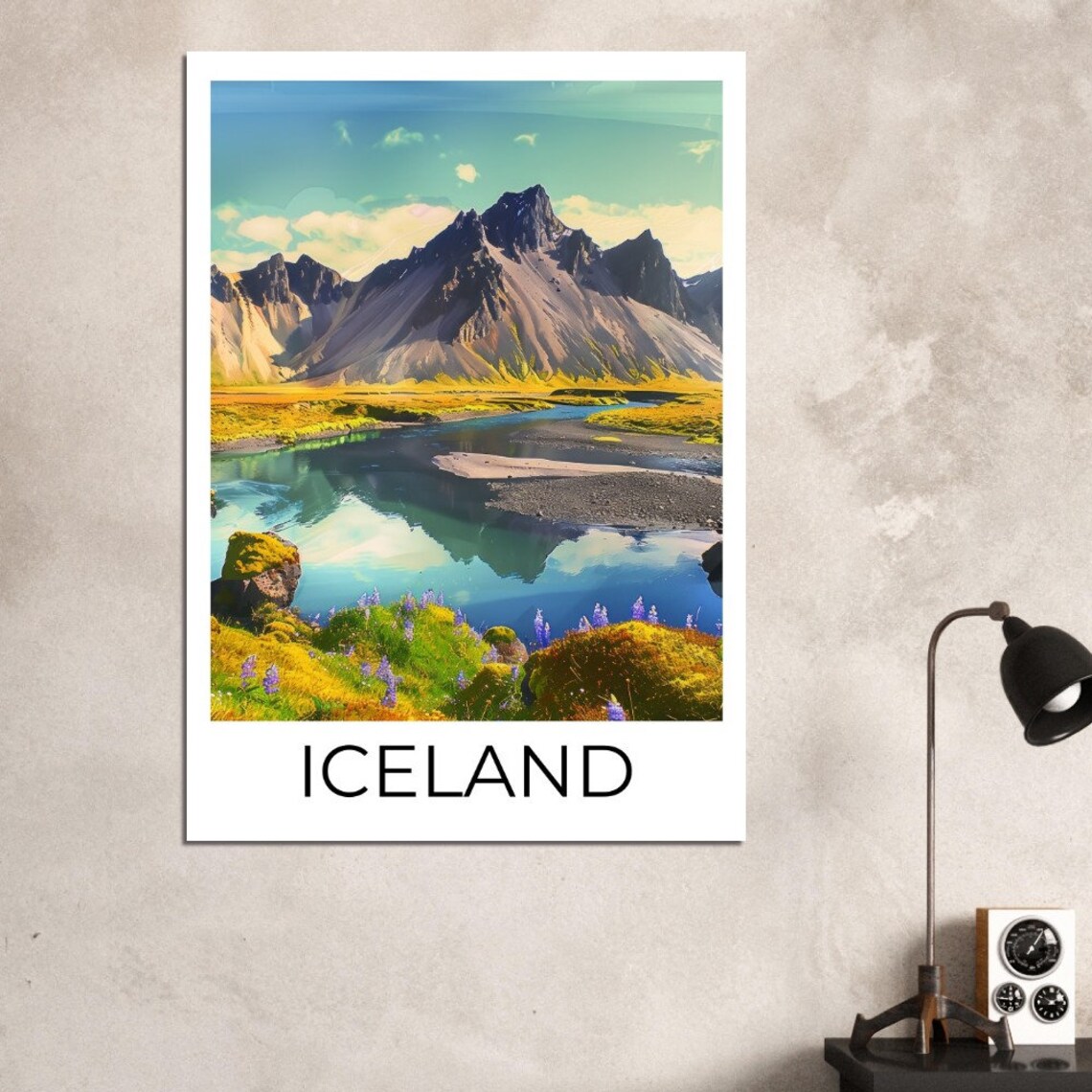 Iceland Summer Rugged Mountain Mirror Lake Wildflower Travel Poster - Image 2