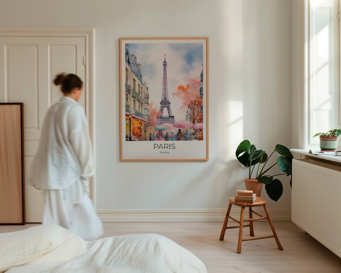 Paris France Eiffel Tower Autumn Umbrellas Watercolor Poster - Image 4