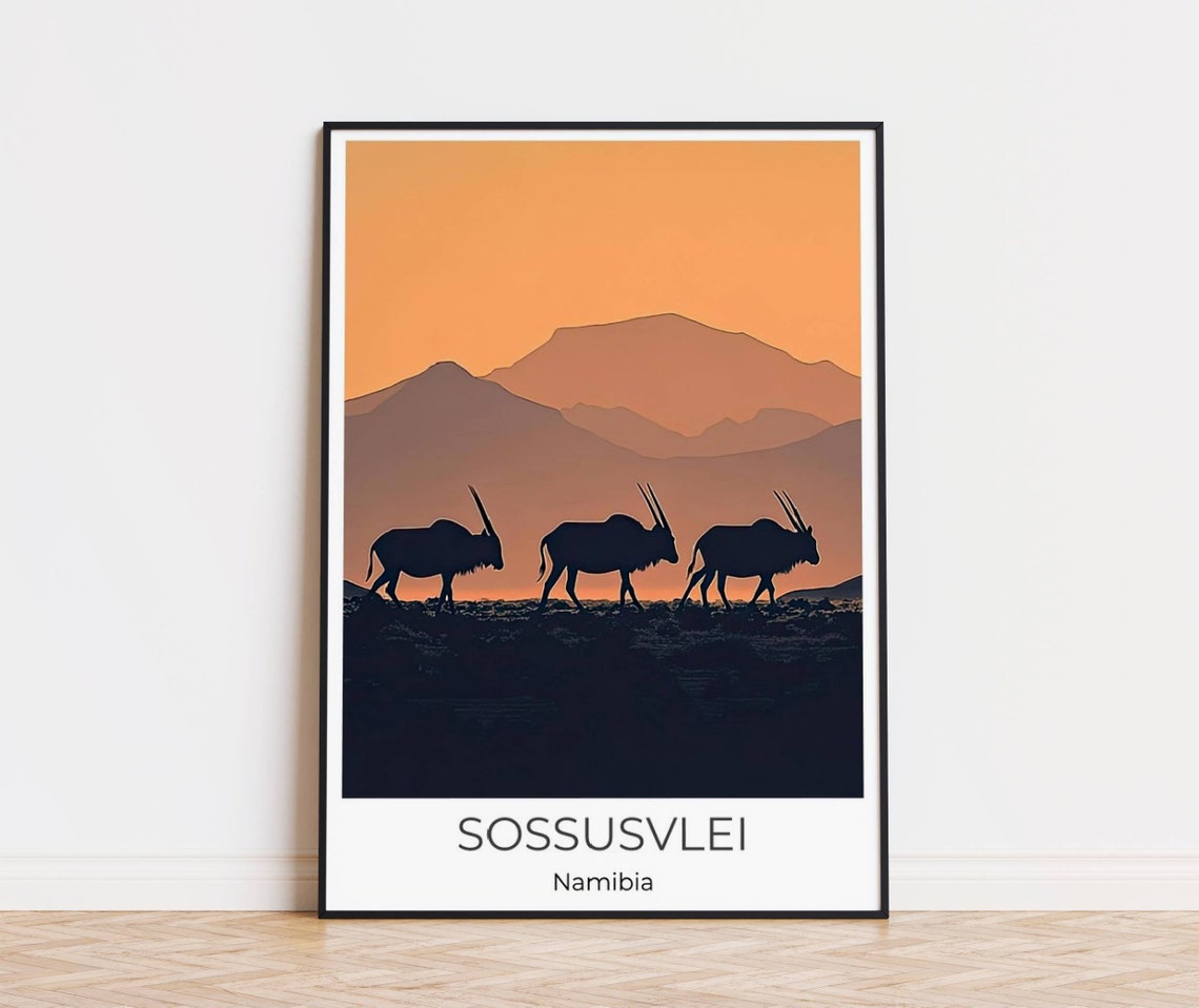 Sossusvlei Namibia Oryx Sunset Silhouette Desert Travel Poster