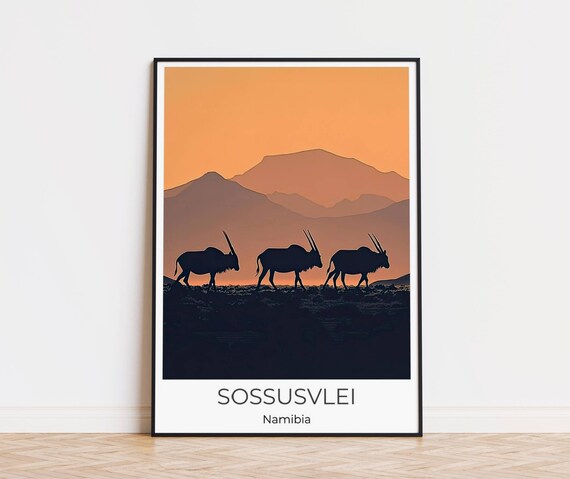 Sossusvlei Namibia Oryx Sunset Silhouette Desert Travel Poster