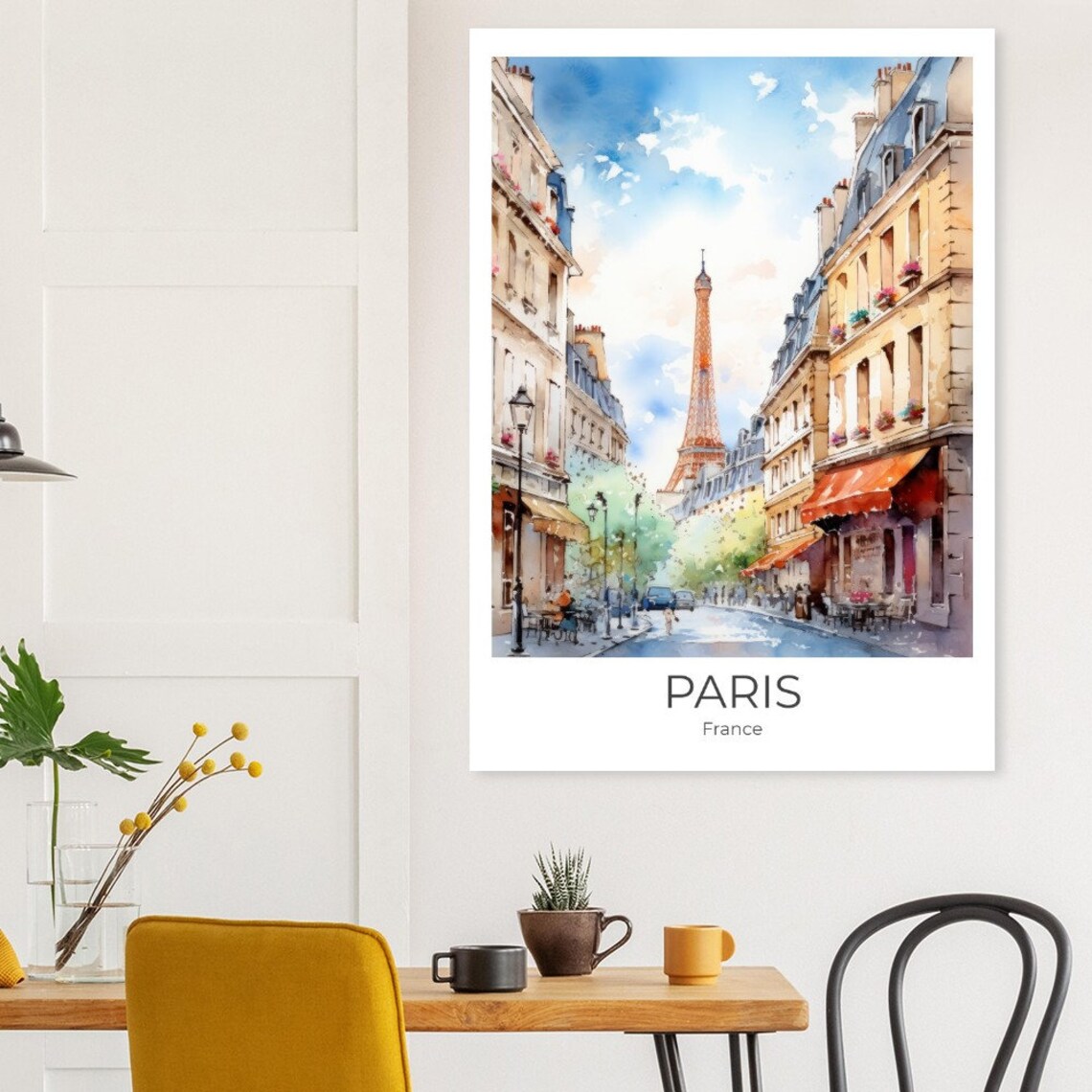 Paris Eiffel Tower Street Travel Poster France Watercolor Cafe Scene - Image 3