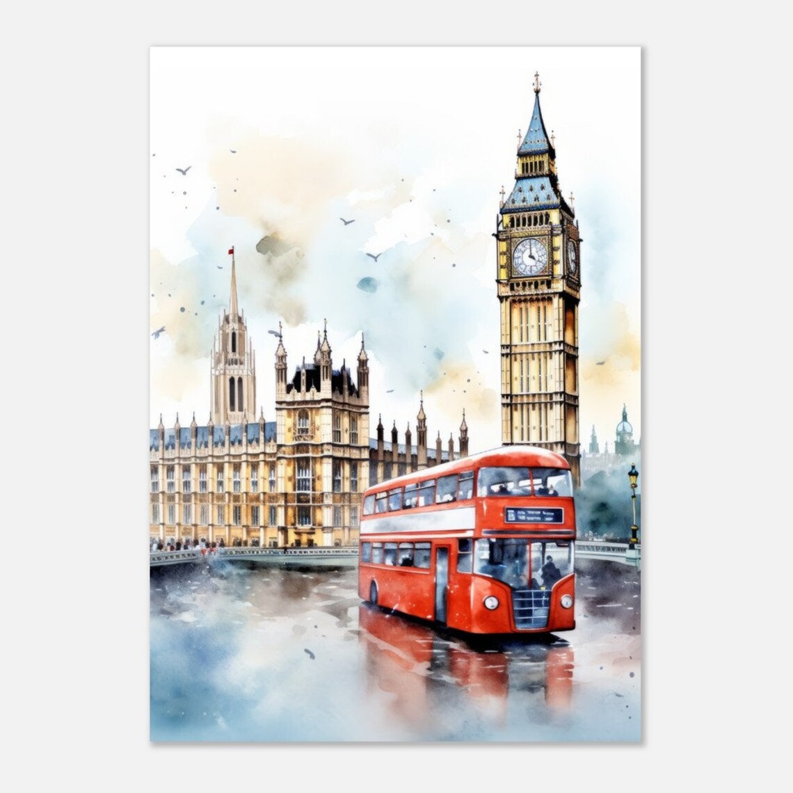 London Big Ben Houses Of Parliament Red Bus Watercolor Poster - Image 3