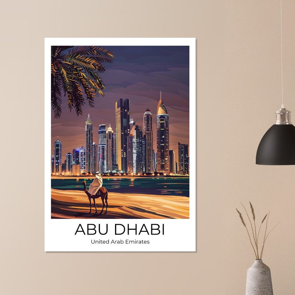 Abu Dhabi Camel Rider on the Beach Sunset Skyline Travel Poster - Image 2