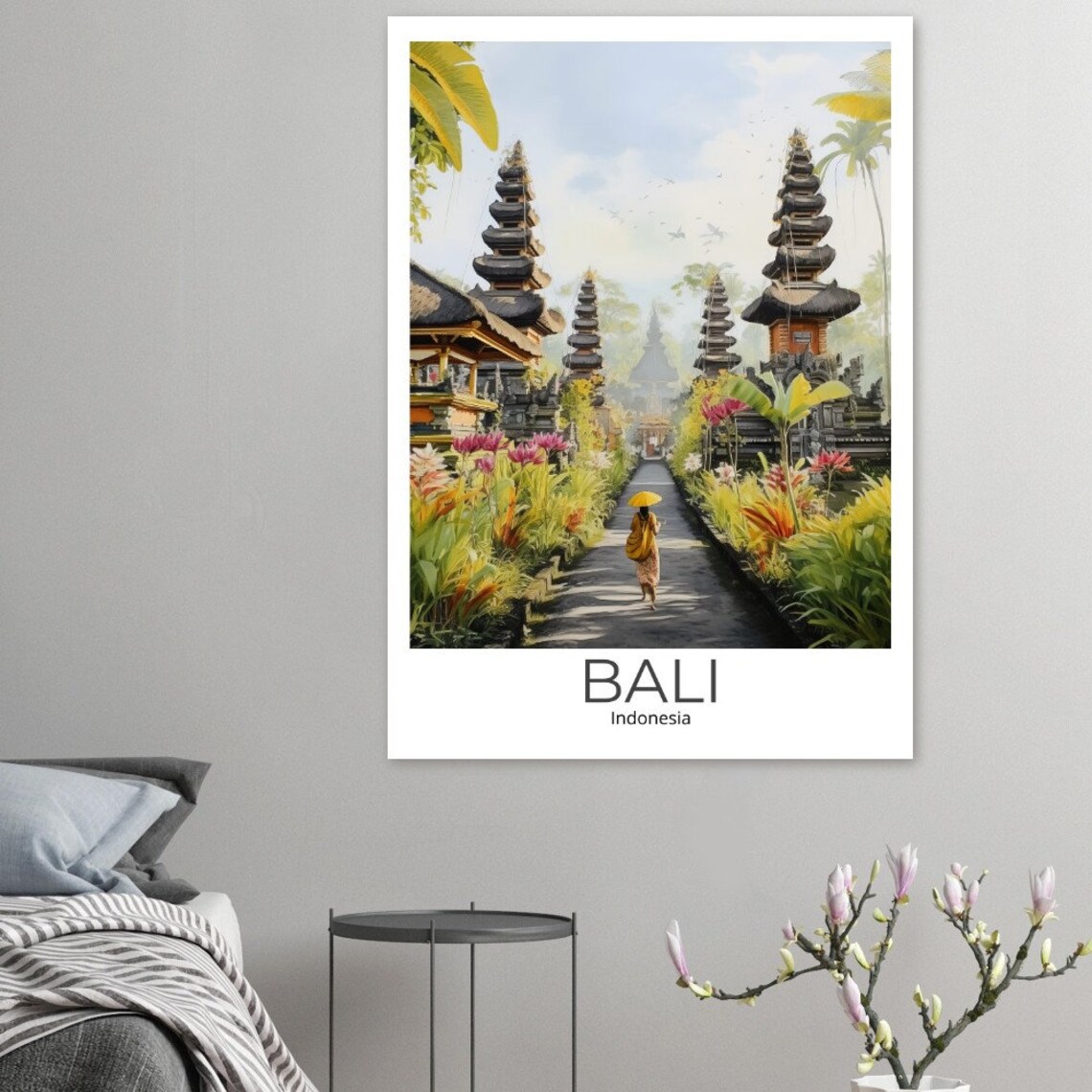 Bali Indonesia Watercolor Temple Meru Towers Garden Travel Poster - Image 3