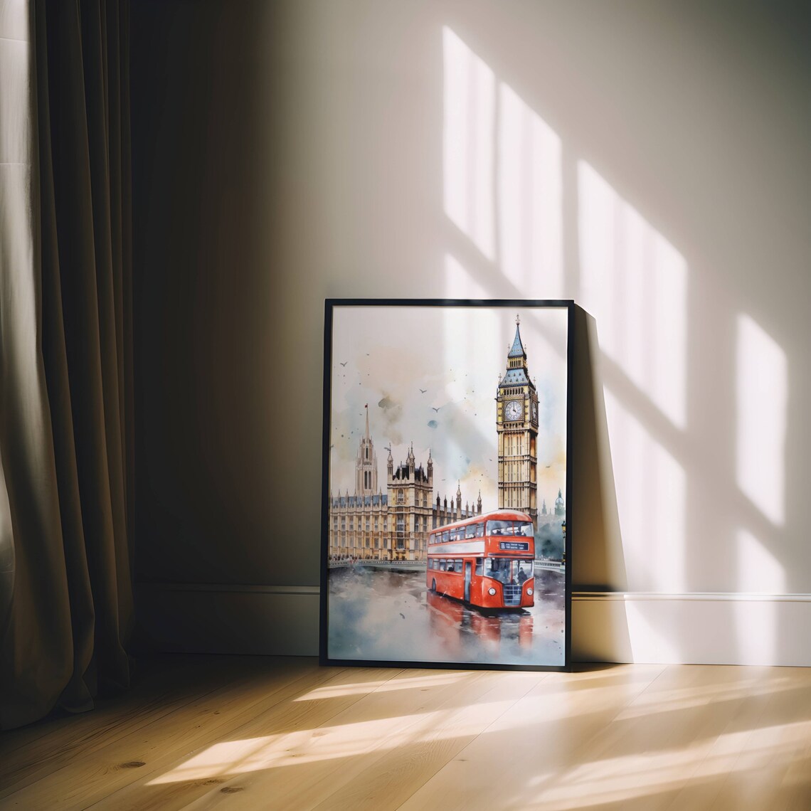 London Big Ben Houses Of Parliament Red Bus Watercolor Poster - Image 2