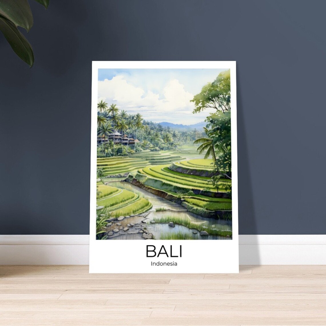 Bali Indonesia Watercolor Rice Terraces River Travel Art Poster - Image 3