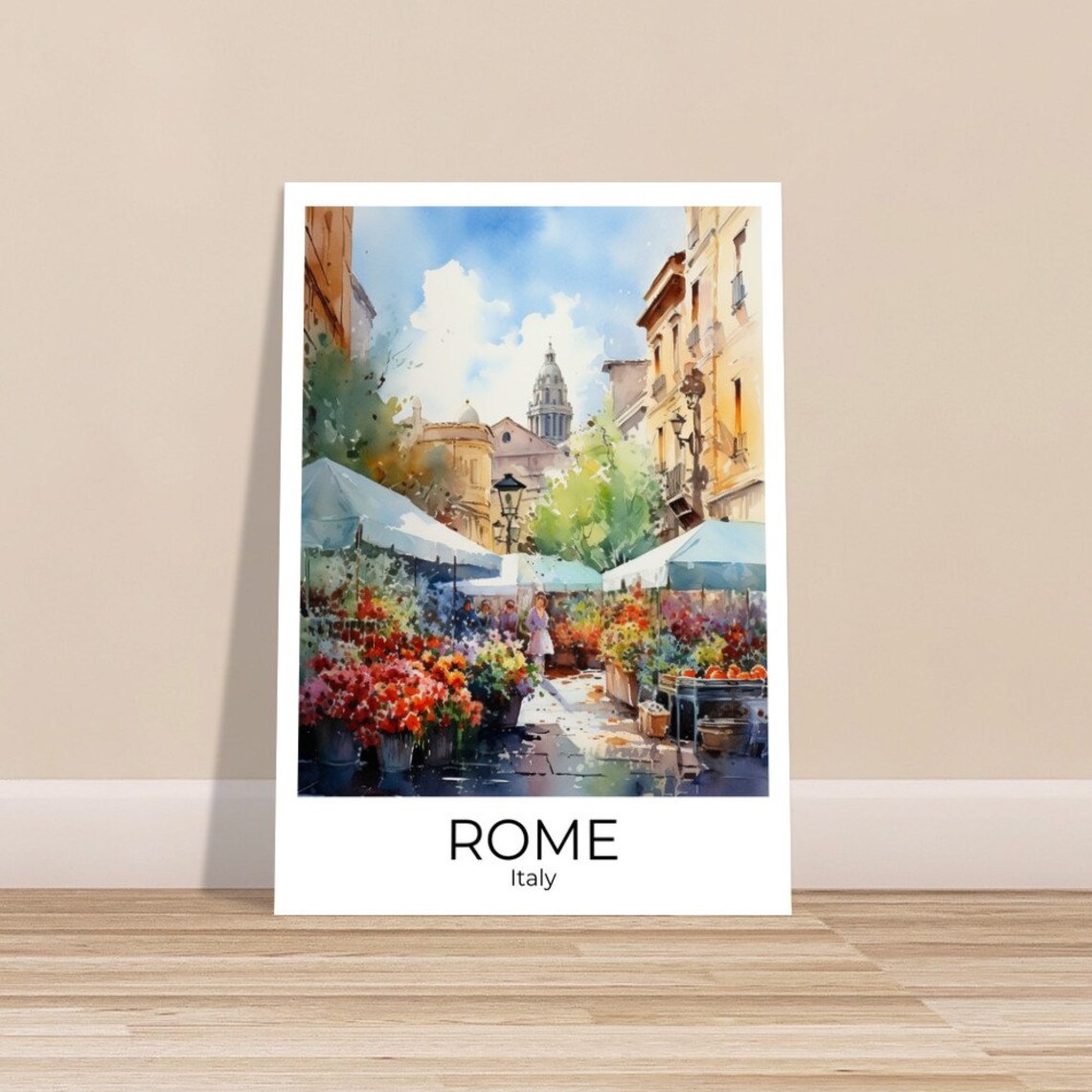 Rome Italy Watercolor Flower Market Street With Church Dome Poster