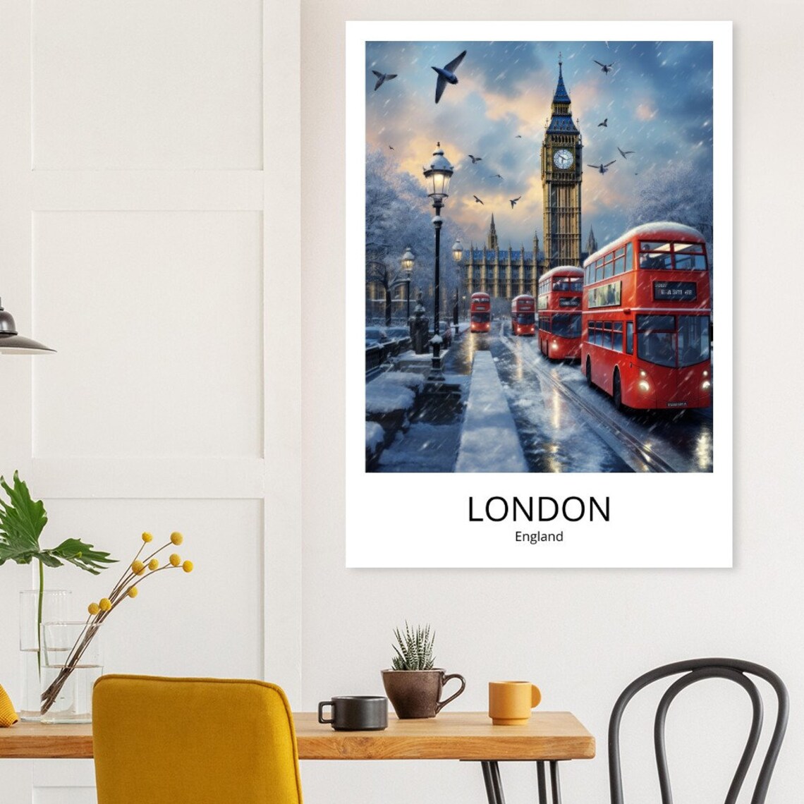 London Big Ben Winter Snow Red Double Decker Buses Night Illustration Poster - Image 2