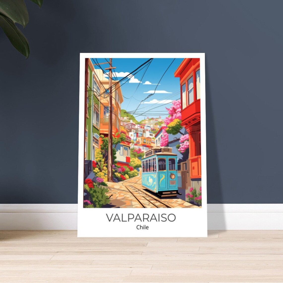 Valparaiso Chile Colorful Street Blue Tram Watercolor Poster - Image 3