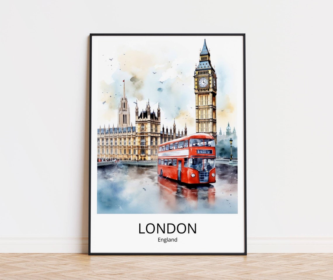 London England Big Ben Red Double Decker Bus Watercolor Travel Poster