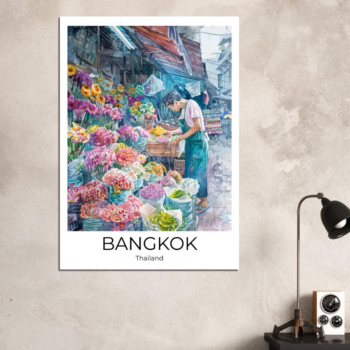 Bangkok Flower Market Watercolor Travel Poster Of Flower Market Of Bangkok Wall Art Bangkok Travel Thailand Bangkok Wall Decoration - Image 2