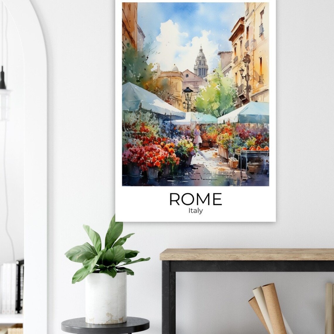 Rome Italy Watercolor Flower Market Street With Church Dome Poster - Image 4