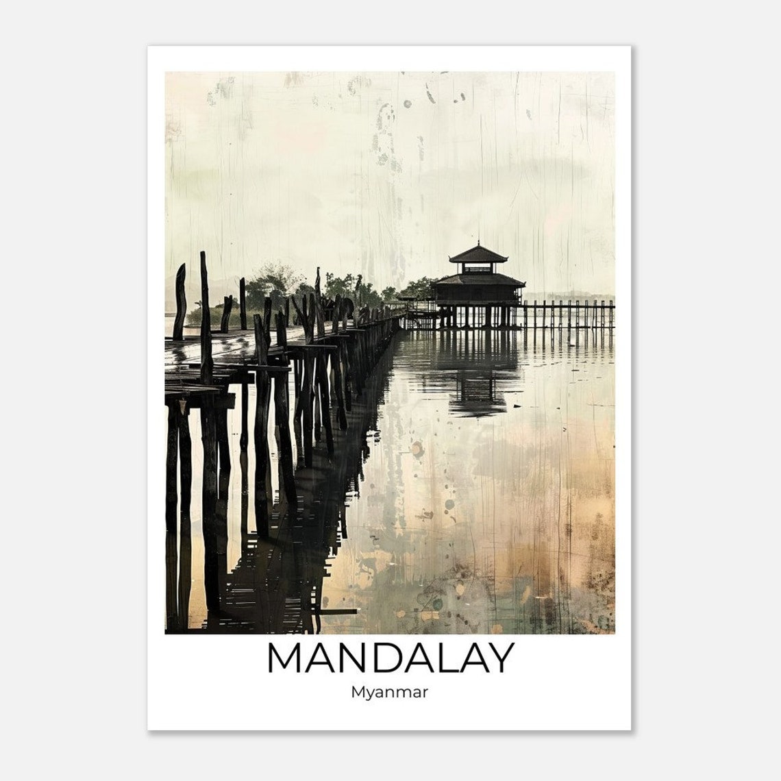 Mandalay Myanmar Teak Footbridge Still Lake Ink Wash Art Poster