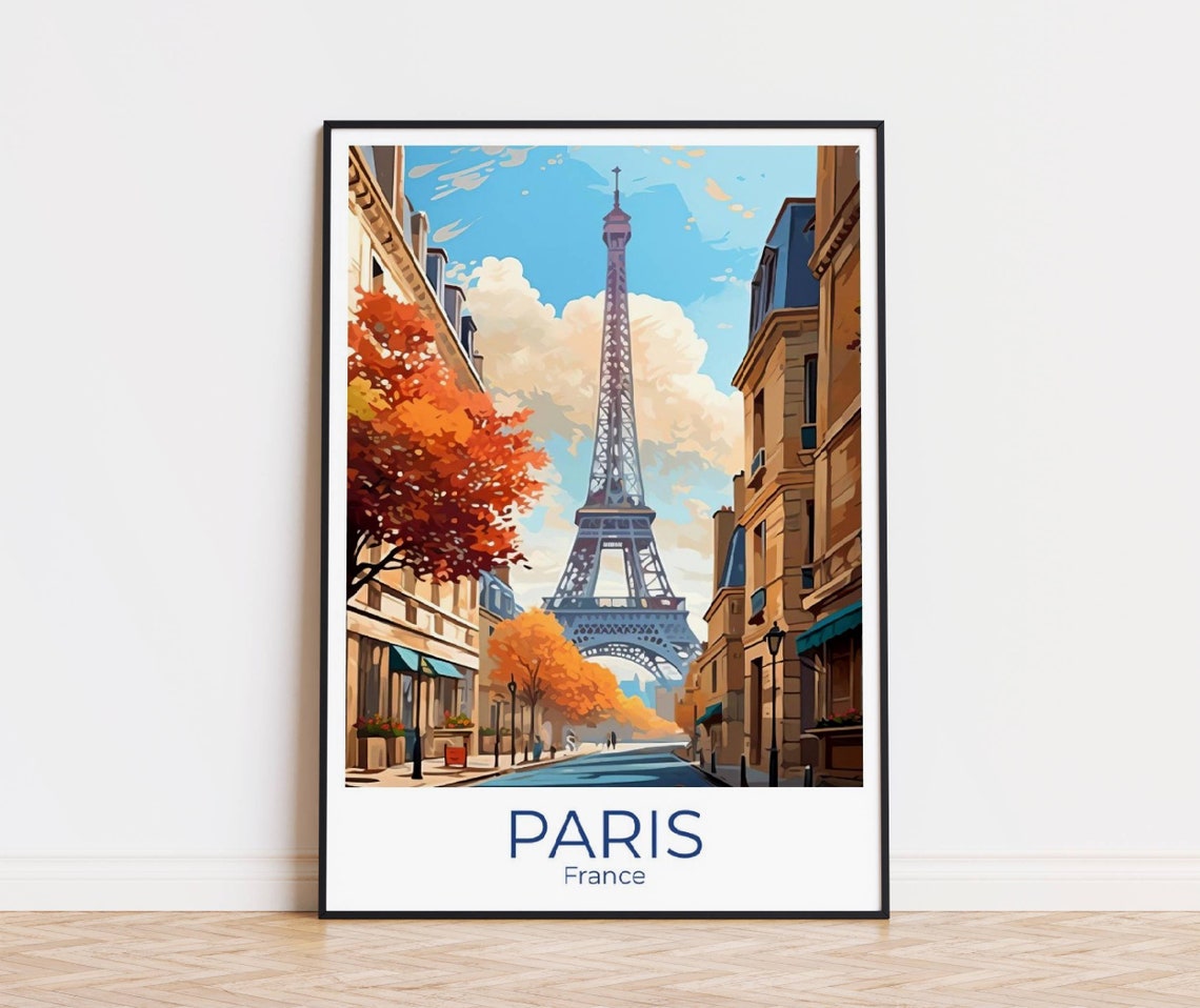 Illustrated Paris Eiffel Tower Autumn Street Scene Travel Poster