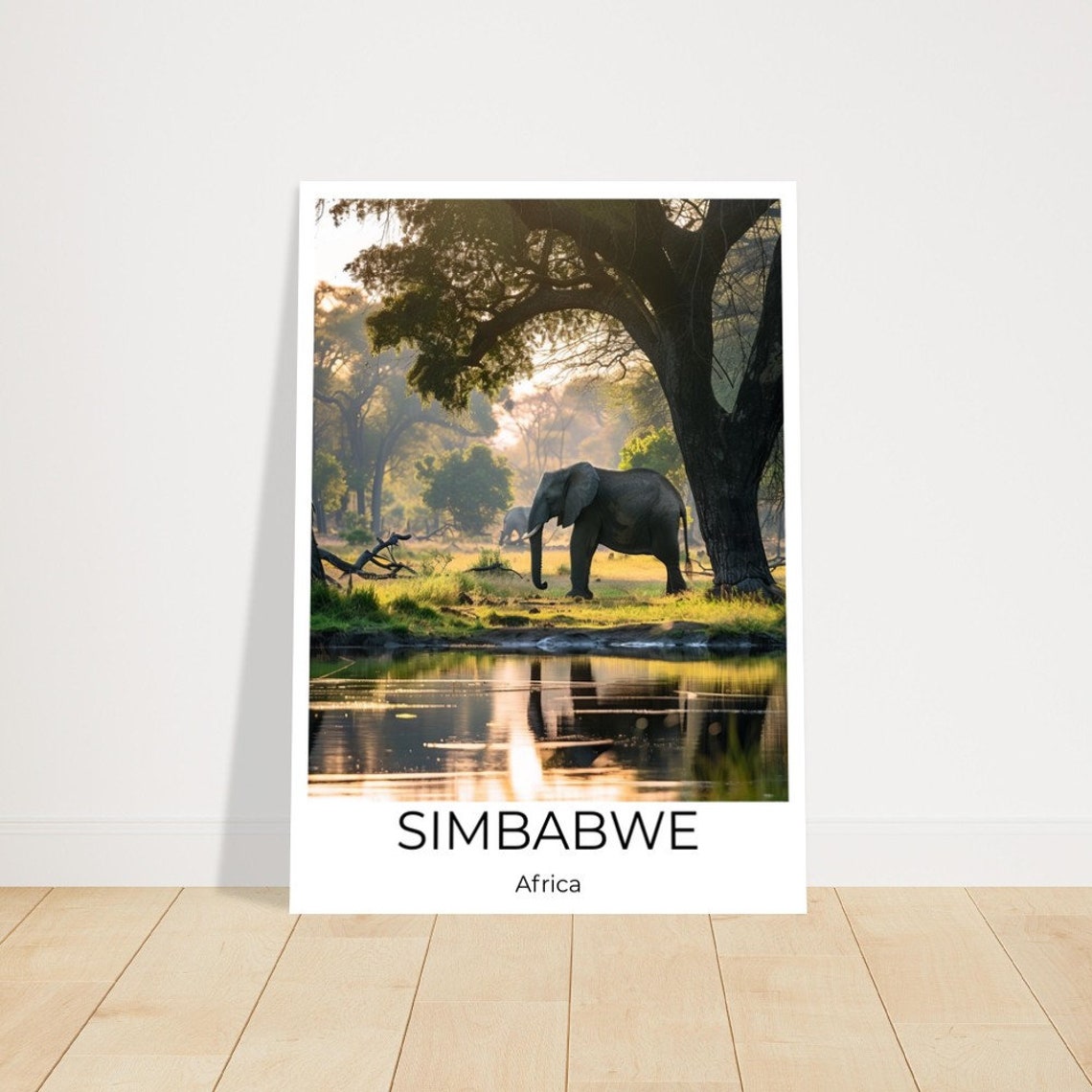 Zimbabwe Africa Elephants River Sunset Wildlife Travel Poster - Image 2