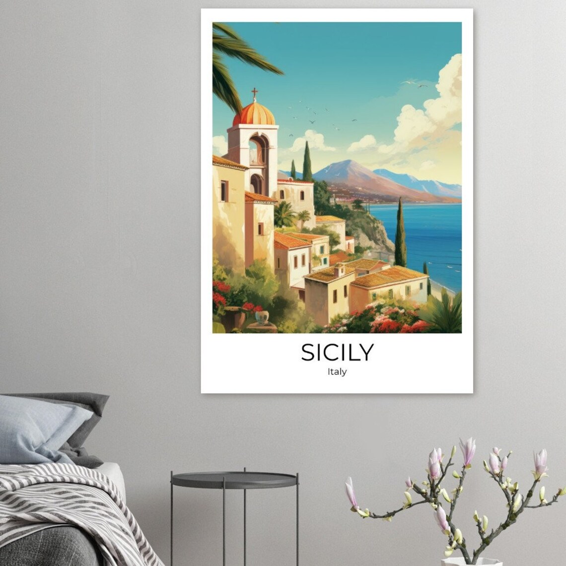 Sicily Italy Coastal Town Orange Dome Church Watercolor Poster - Image 3